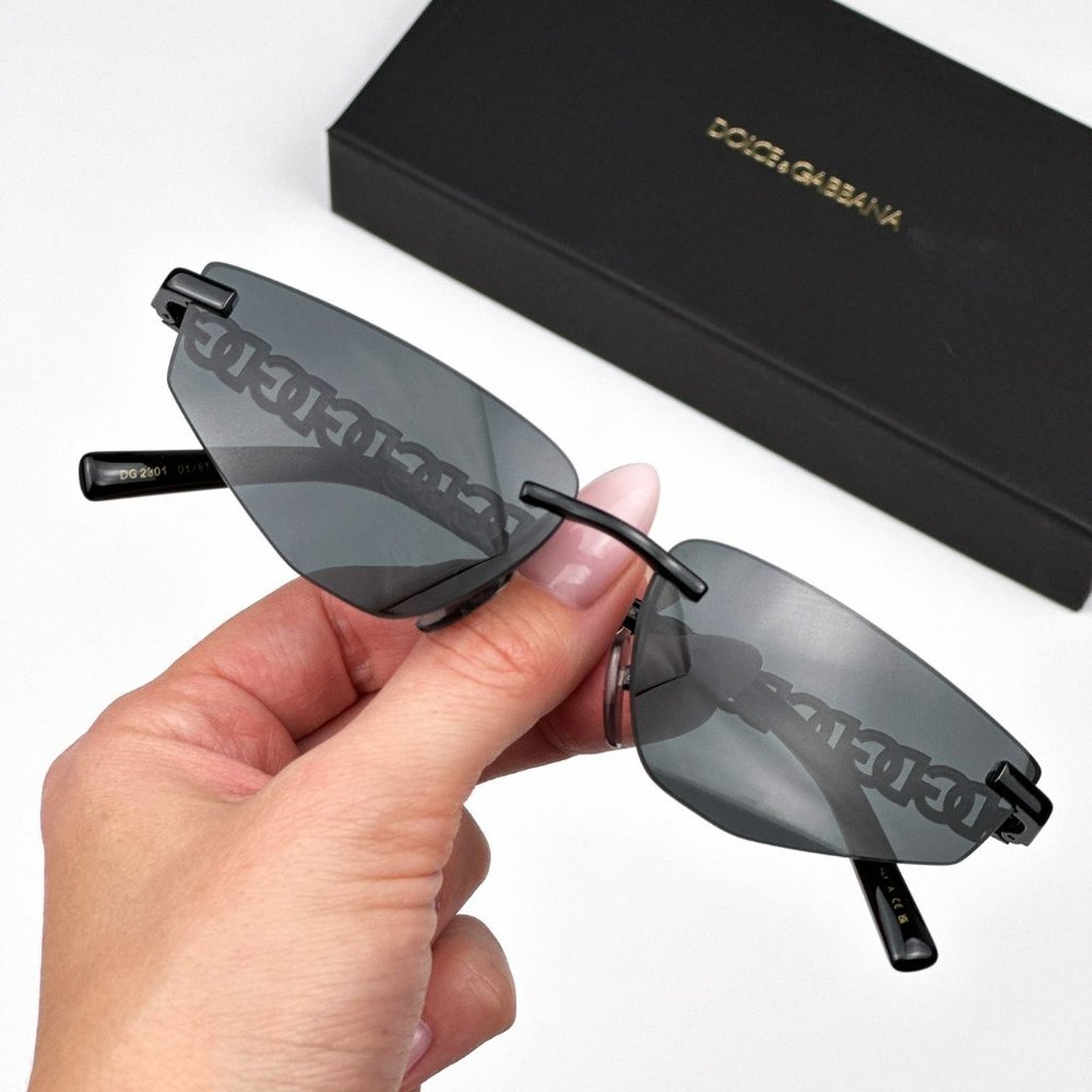 D&G DG2301 01/87 Essentials Sunglasses Black Dark Grey Rimless Rectangle Women